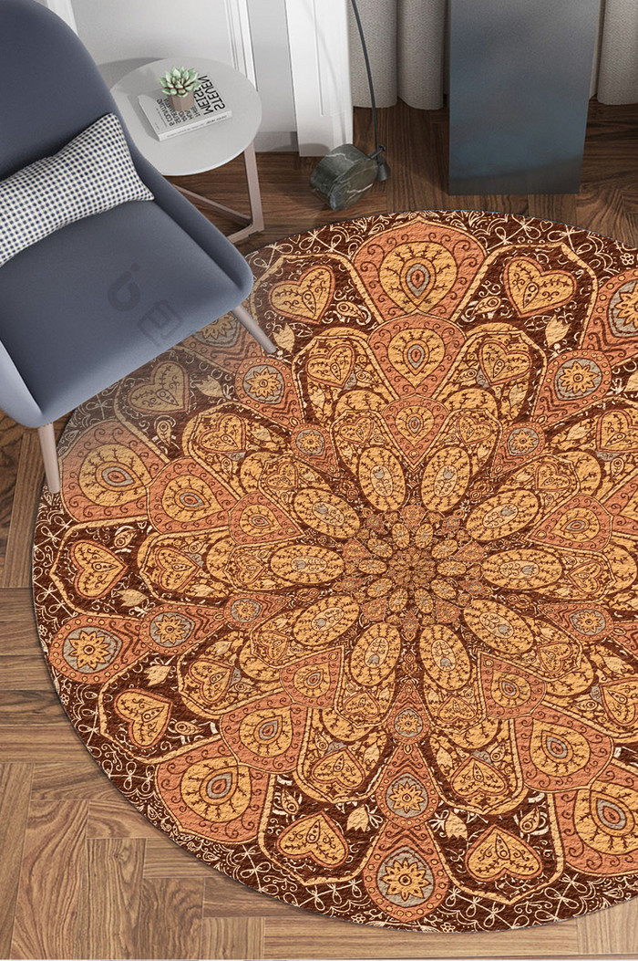 欧式古典宫廷风橘色花纹客厅圆形地毯图案