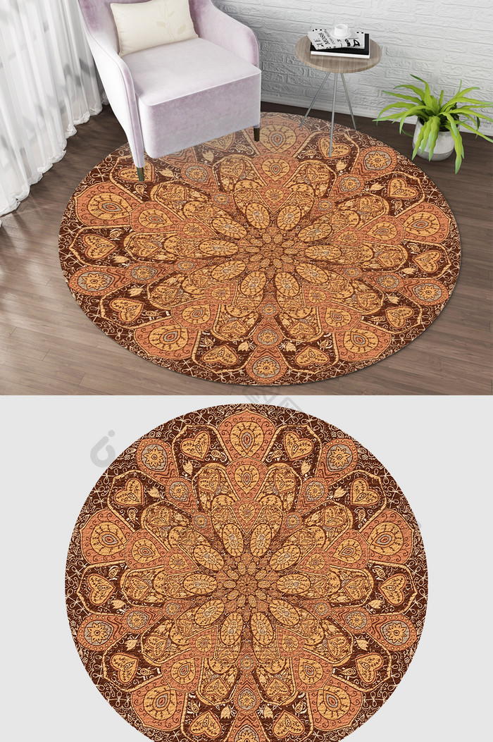 欧式古典宫廷风橘色花纹客厅圆形地毯图案