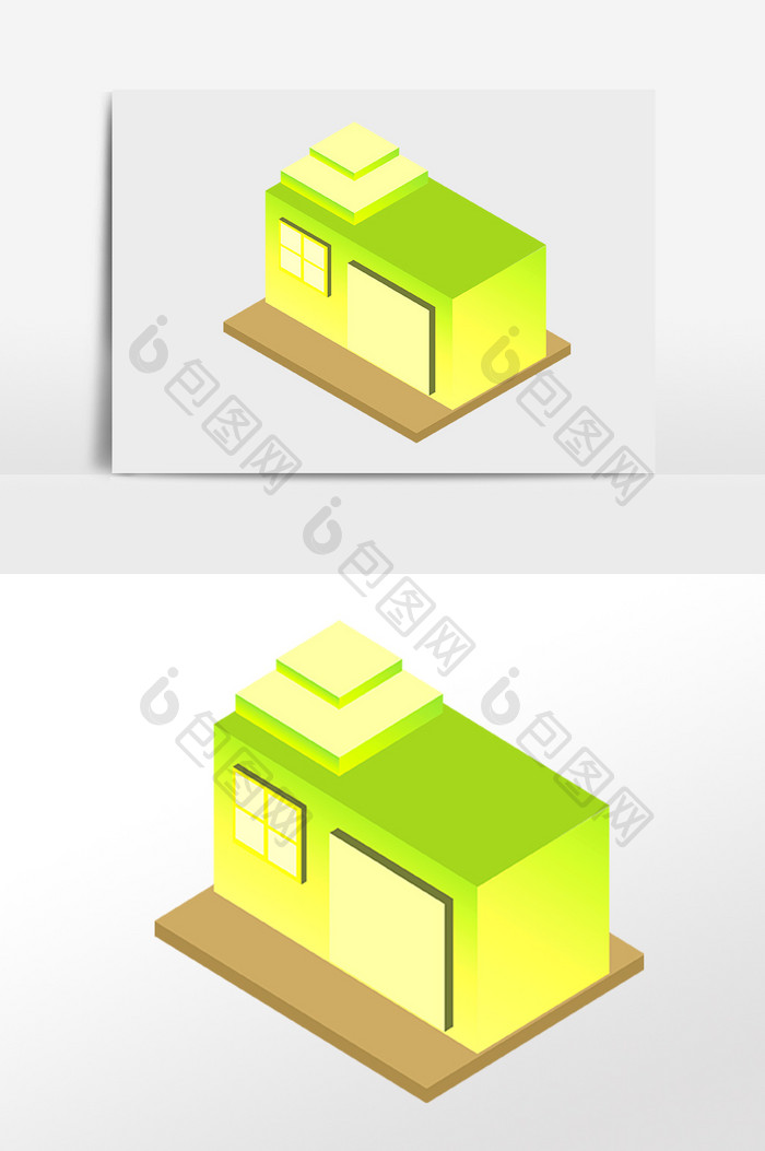 手绘2.5D立体绿色建筑插画