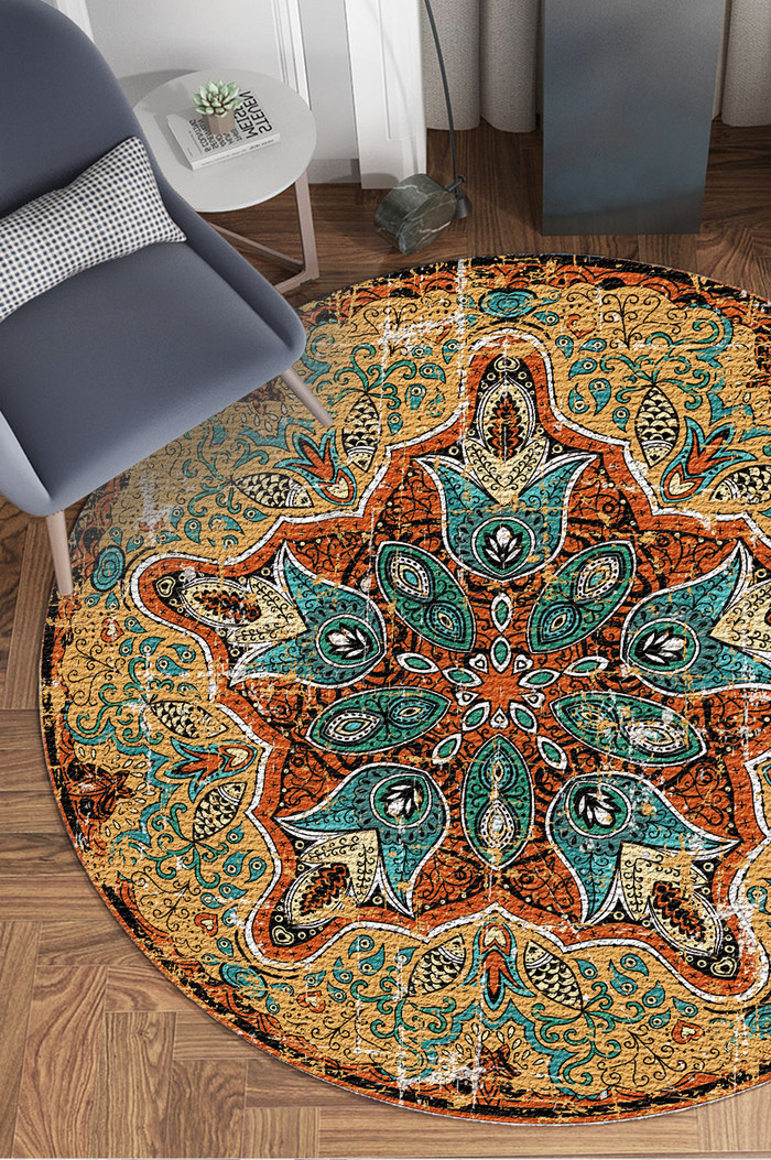 欧式民族波西米亚风格花纹客厅圆形地毯图案图片