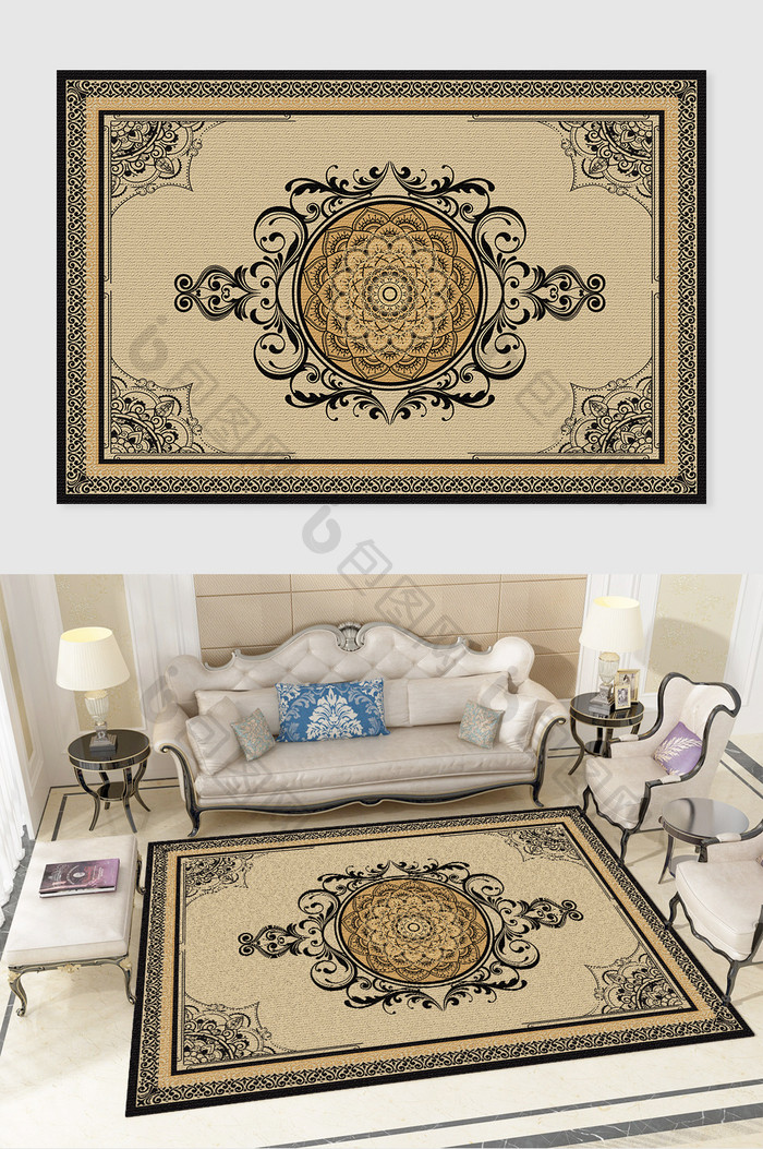 大气高端欧式复古美式花纹客厅地毯图案