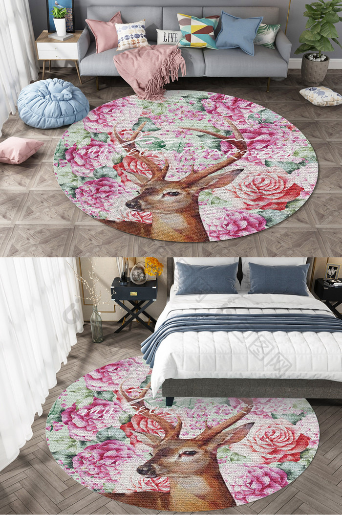 卡通淡彩花卉植物麋鹿客厅圆形地毯图案