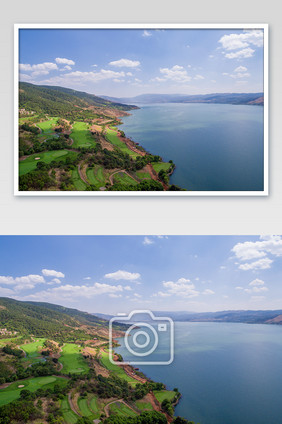 蓝色天空湖泊半山风景