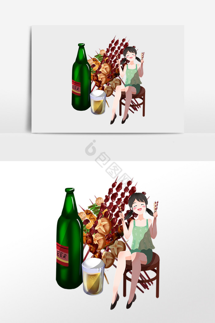 夏季大排档吃烧烤喝酒男孩插画图片
