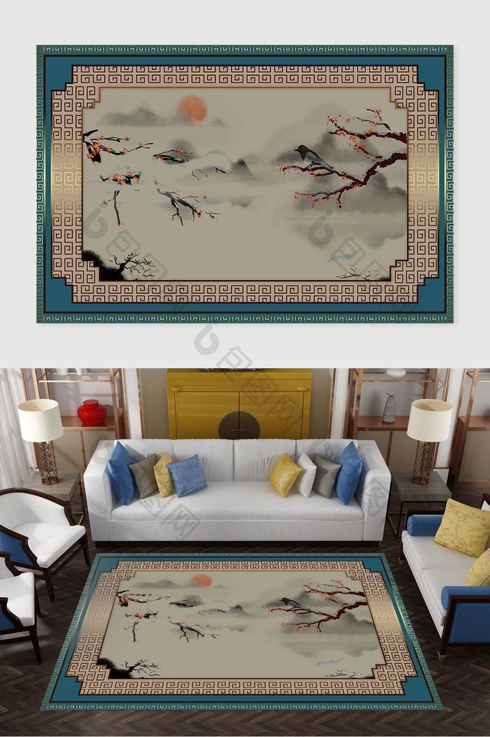 创意新中式山水背景古典花鸟元素地毯图案