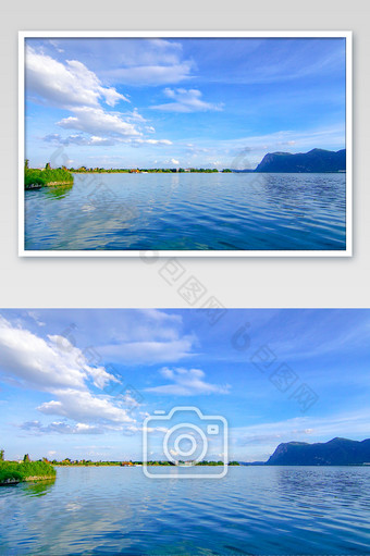 昆明滇池蓝天白云山脉湖水图片