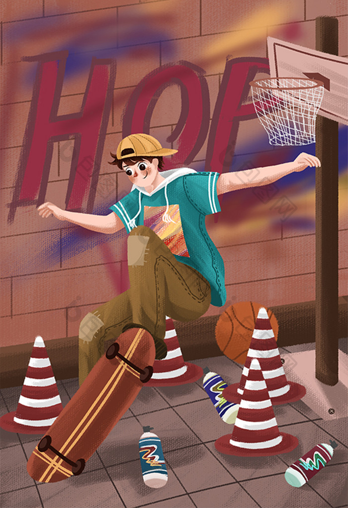 世界滑板日少年嘻哈运动潮流插画
