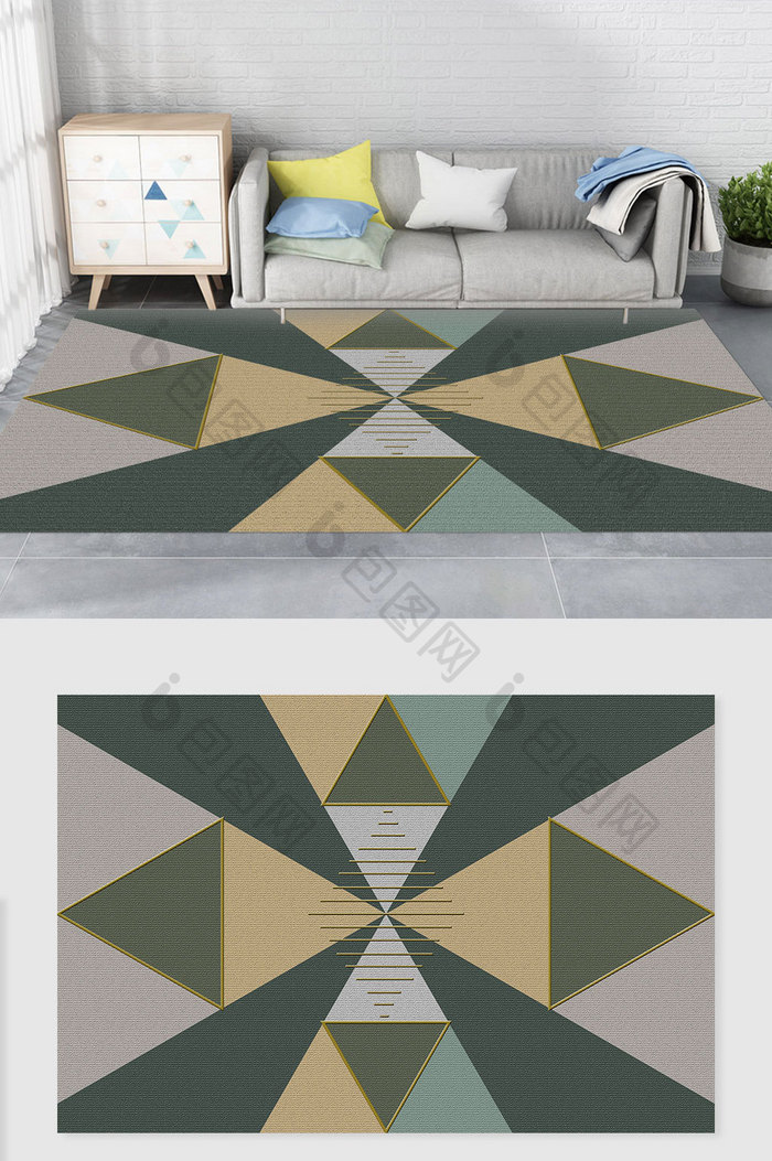 北欧深绿色纹理三角形简约风地毯图案