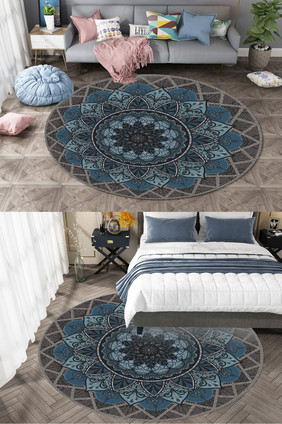 奢华欧式暗蓝色花纹样式矢量图圆形地毯图案