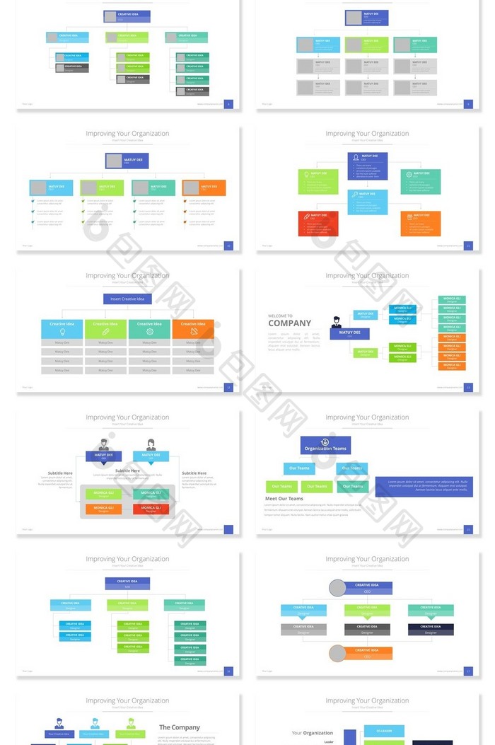 40页多彩组织框架信息可视化PPT图表