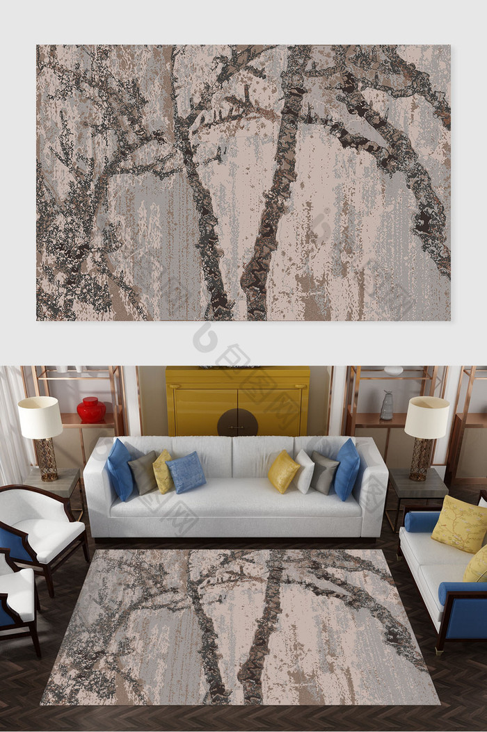 新中式手绘抽象树枝客厅地毯图案