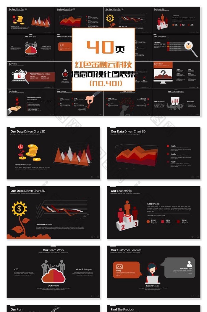 40页红色金融云科技信息可视化PPT图表