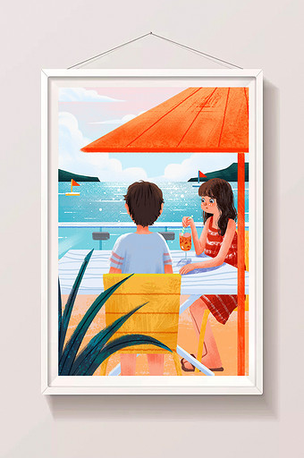 卡通扁平旅游情侣海边沙滩度假插画图片