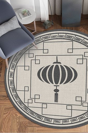 新中式古典边框花纹灯笼质感圆形地毯图案图片