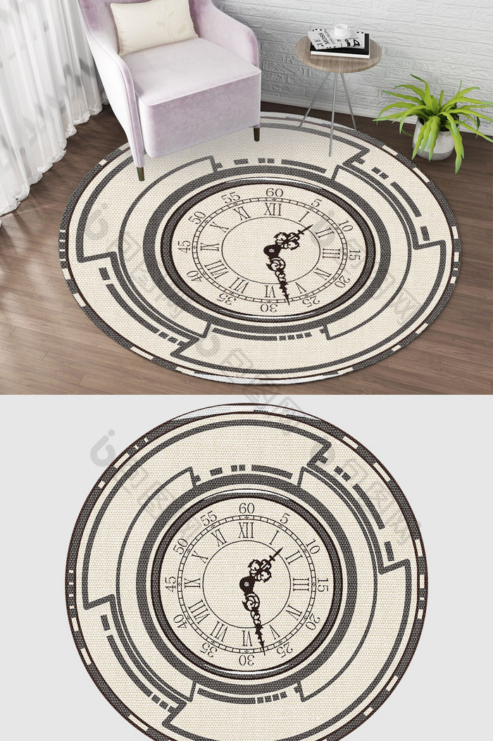 欧式古典复古时钟创意圆形地毯图案
