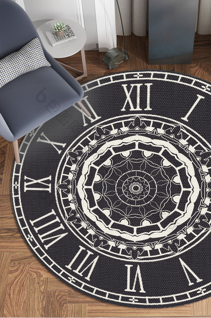欧式古典花纹复古时钟圆形地毯图案