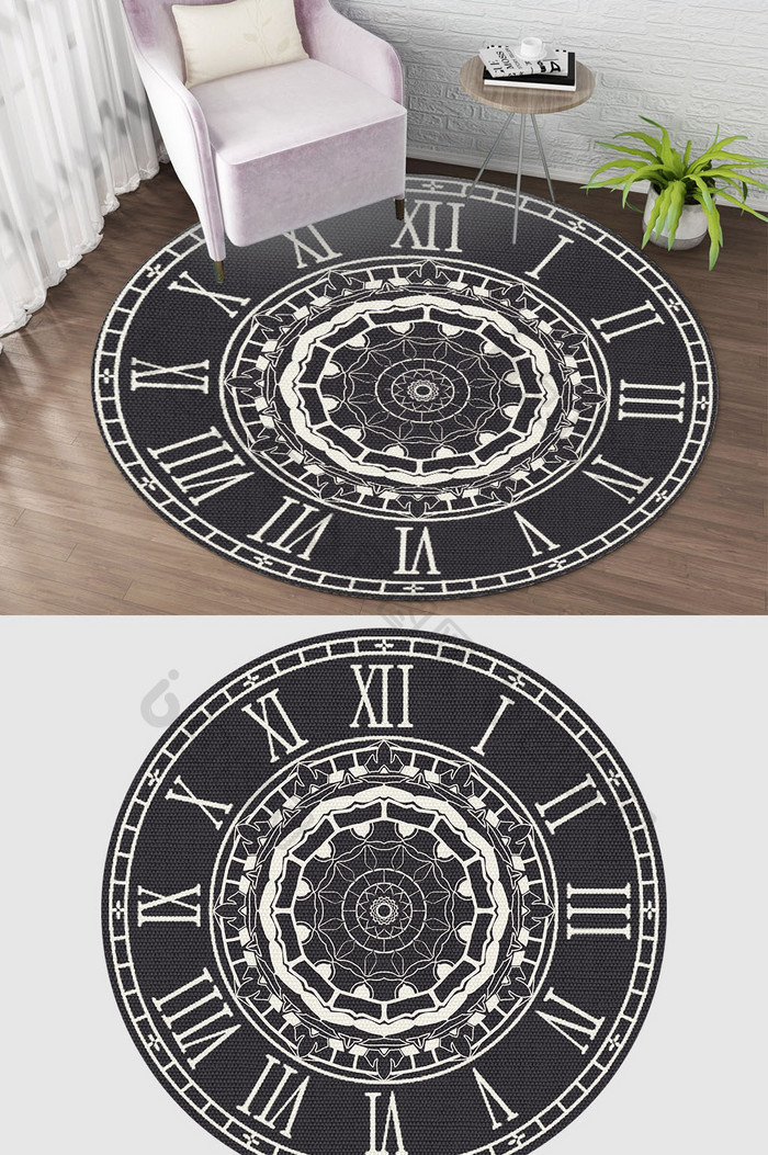 欧式古典花纹复古时钟圆形地毯图案