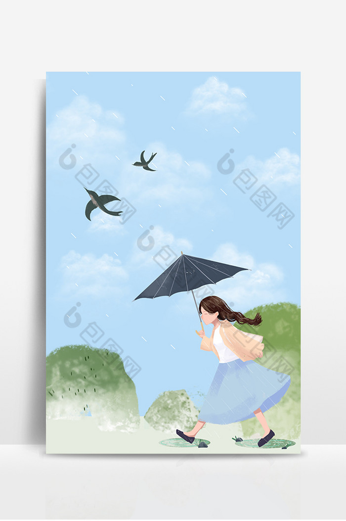 雨季打伞踏青女孩图片图片