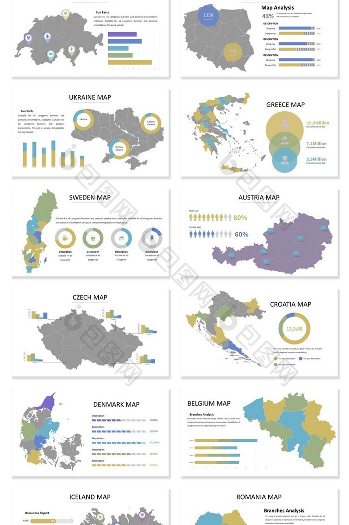 40页欧洲南北美洲信息可视化PPT图表