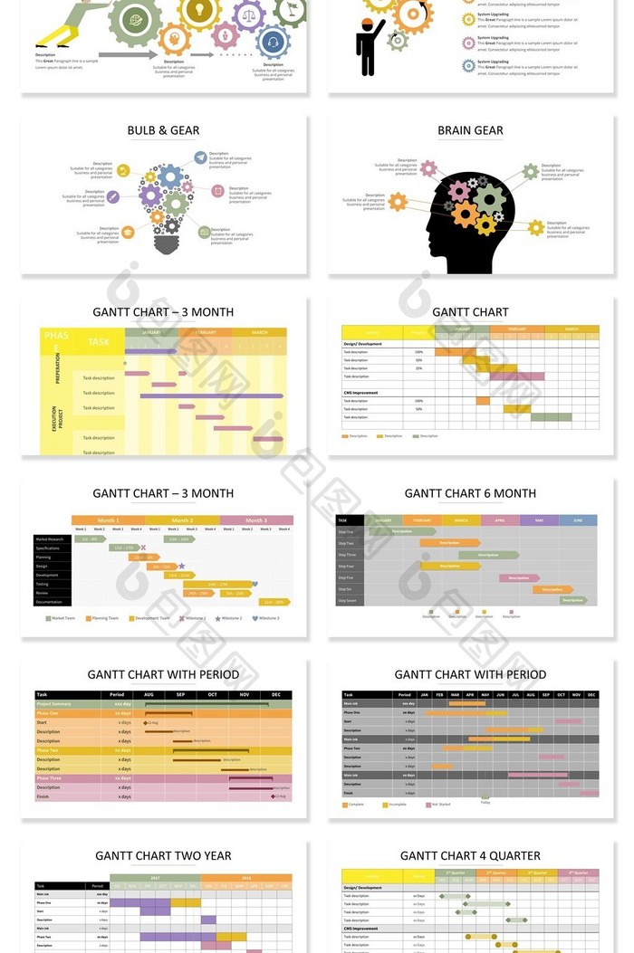 40页甘特图齿轮图信息可视化PPT图表