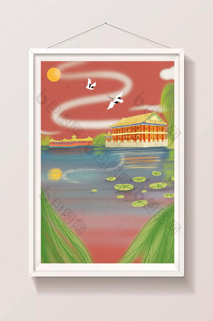 新式承德避暑山庄仙鹤插画