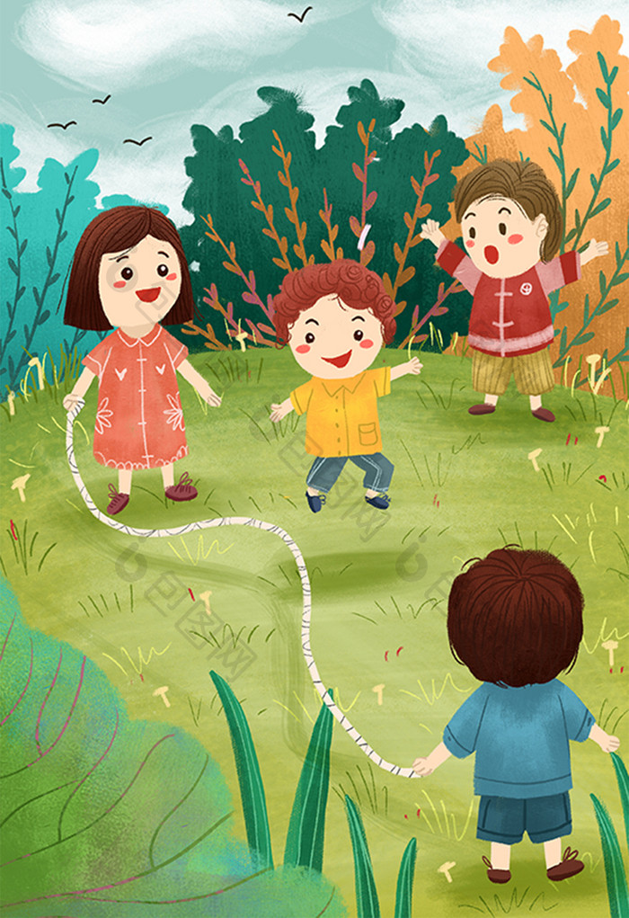 快乐儿童节六一放假玩耍跳大绳游戏插画