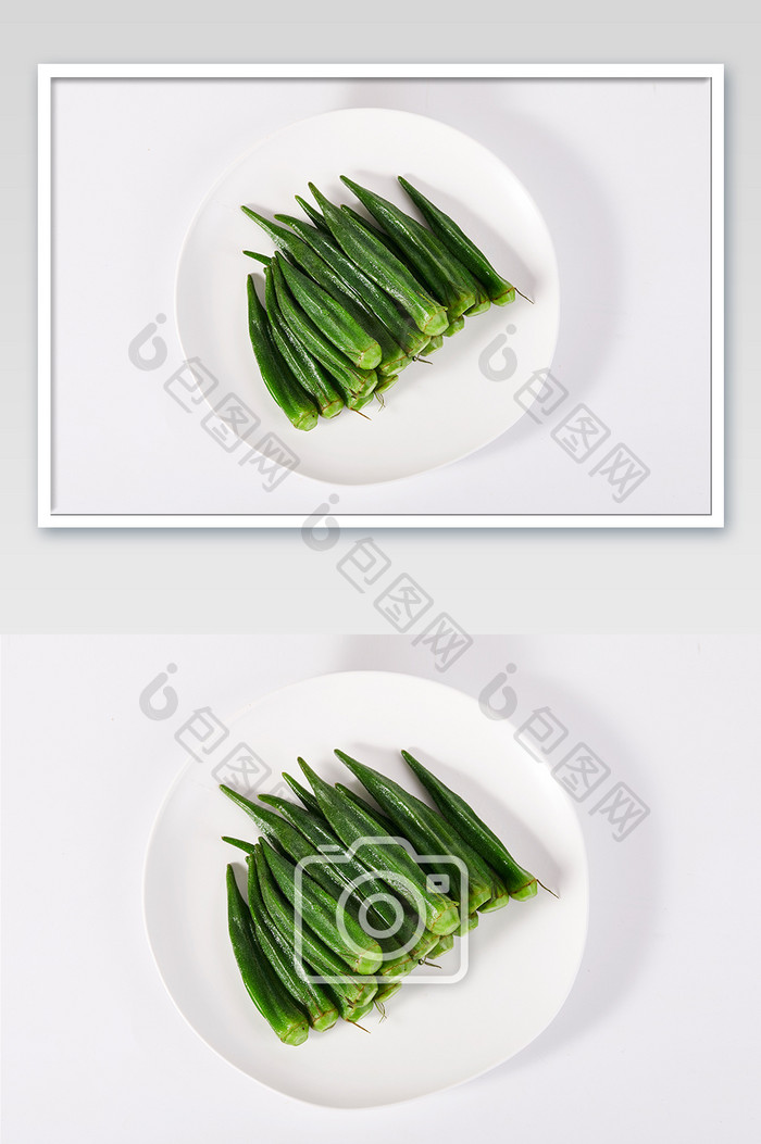 绿色白灼秋葵蔬菜美食白底图摄影图片