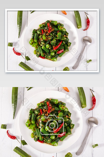 绿色秋葵炒菜蔬菜木板场景图美食摄影图片