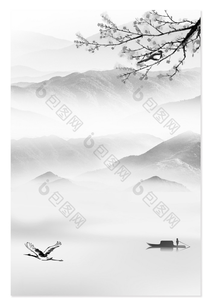 复古中国风山水船只野鹤腊梅背景