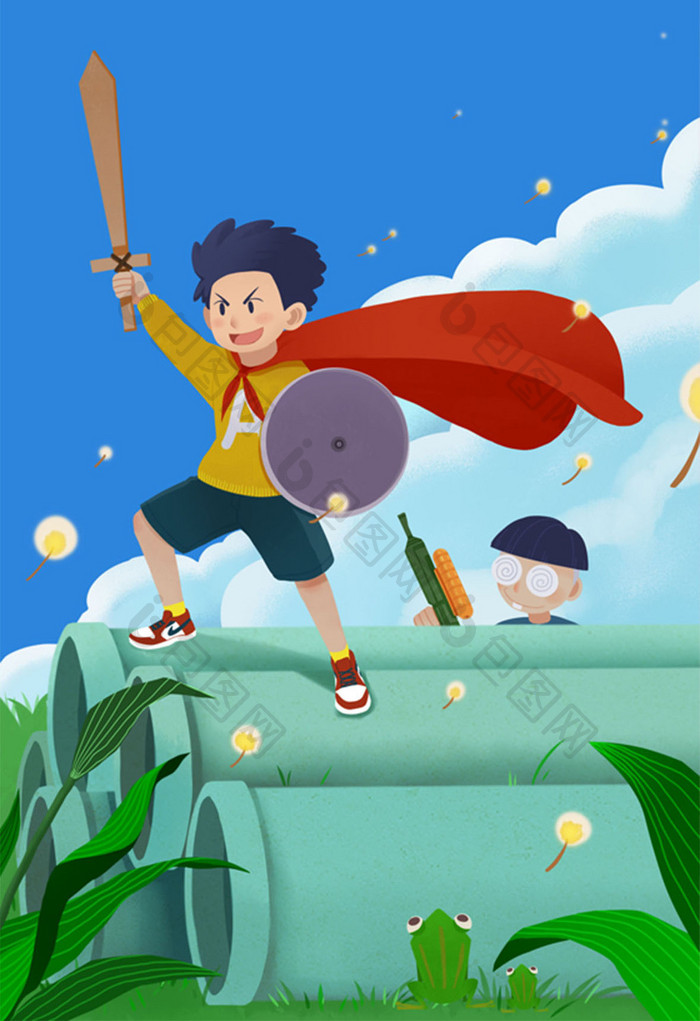 童年六一儿童英雄回忆童梦童趣平面背景插画