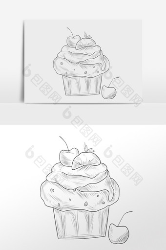 手绘线描素描甜点樱桃蛋糕插画图片