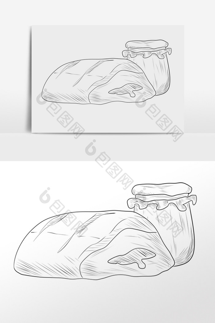 手绘线描素描甜点面包果酱插画