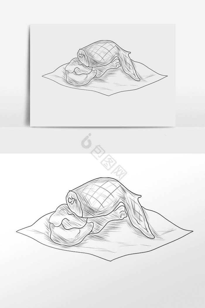 线描素描小吃鸡翅包饭插画