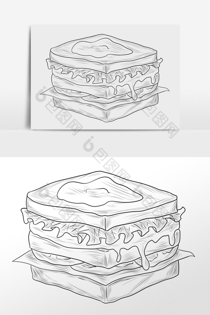 手绘线描素描小吃三明治插画