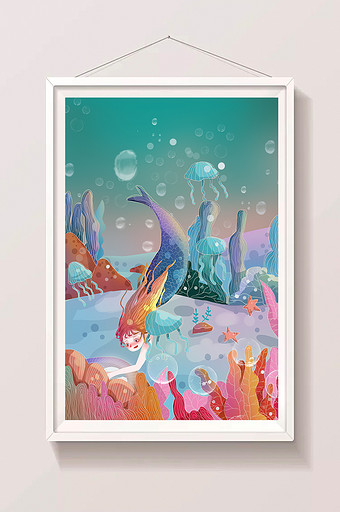 清新唯美世界海洋日美人鱼少女海底插画图片