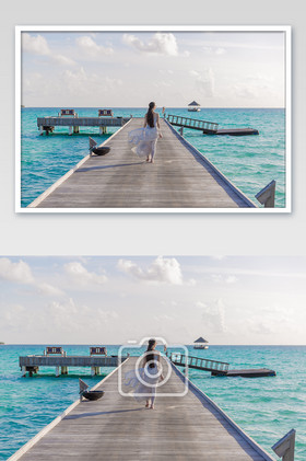 海岛马尔代夫木栈桥美女背影片