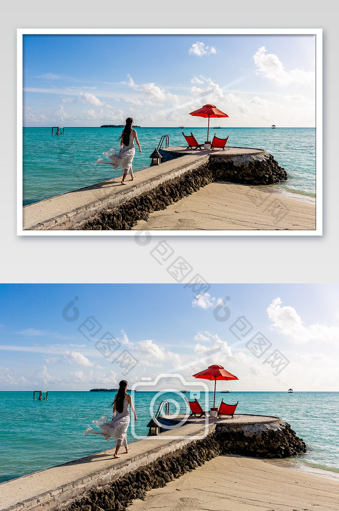 海岛马尔代夫海边休闲椅美女背影摄影图片