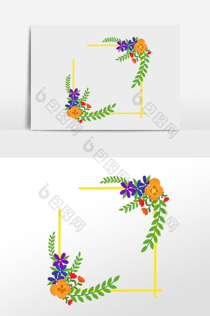 手绘绿色植物花朵边框插画