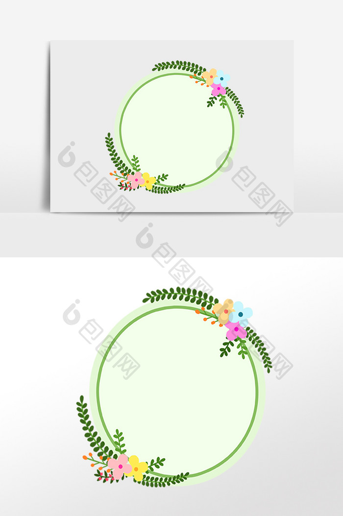 手绘绿色植物花朵圆形边框插画