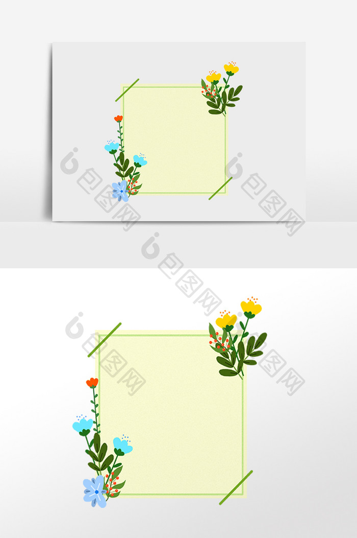 手绘绿色植物花朵正方形边框插画