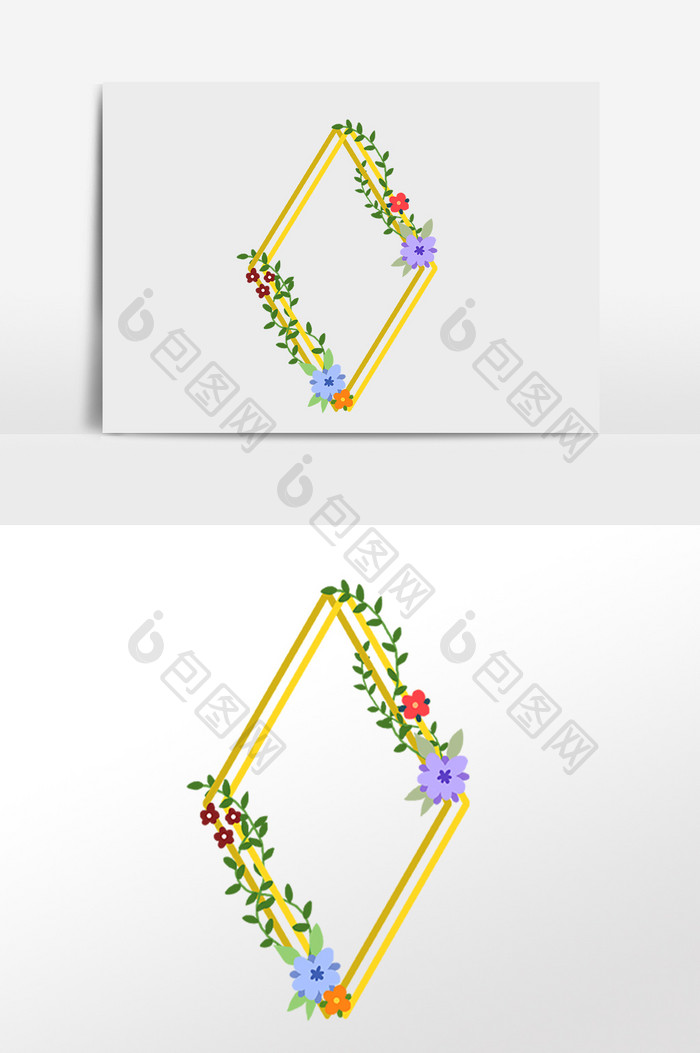 手绘绿色植物花朵菱形边框插画