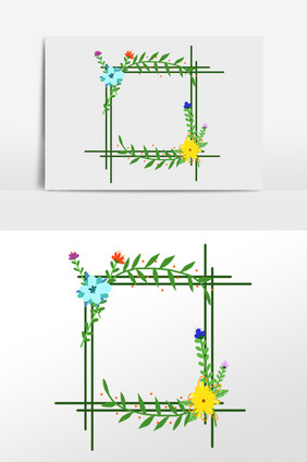 手绘绿色植物花朵枝藤边框插画