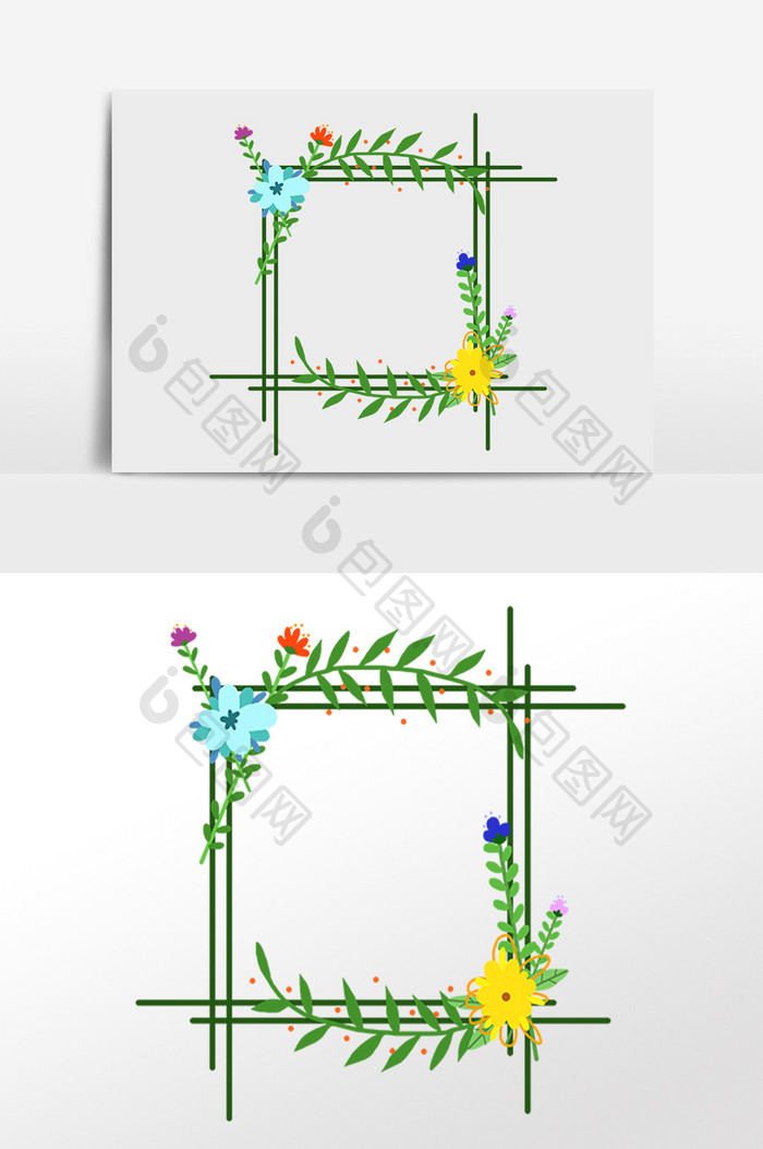 手绘绿色植物花朵枝藤边框插画