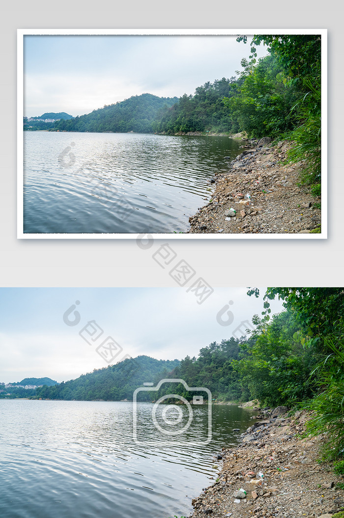 夏日夏天清爽湖水水库河面岸边摄影图