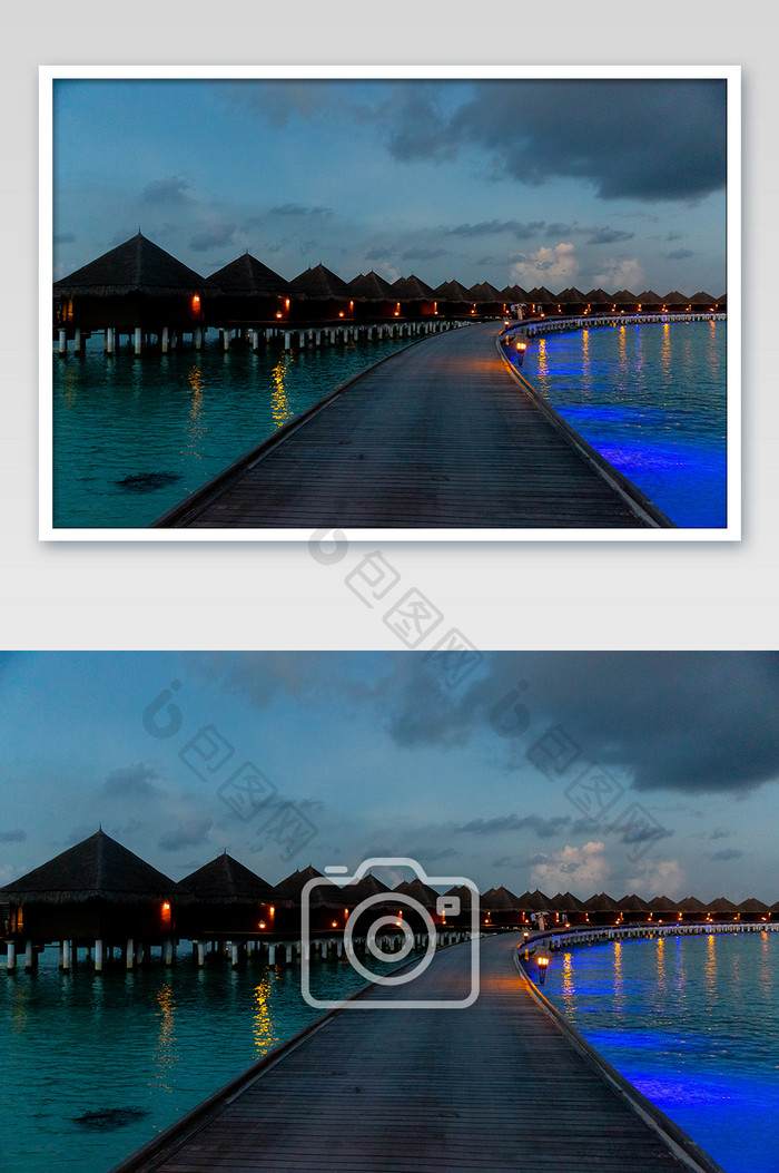 宁静马尔代夫度假酒店夜晚摄影图