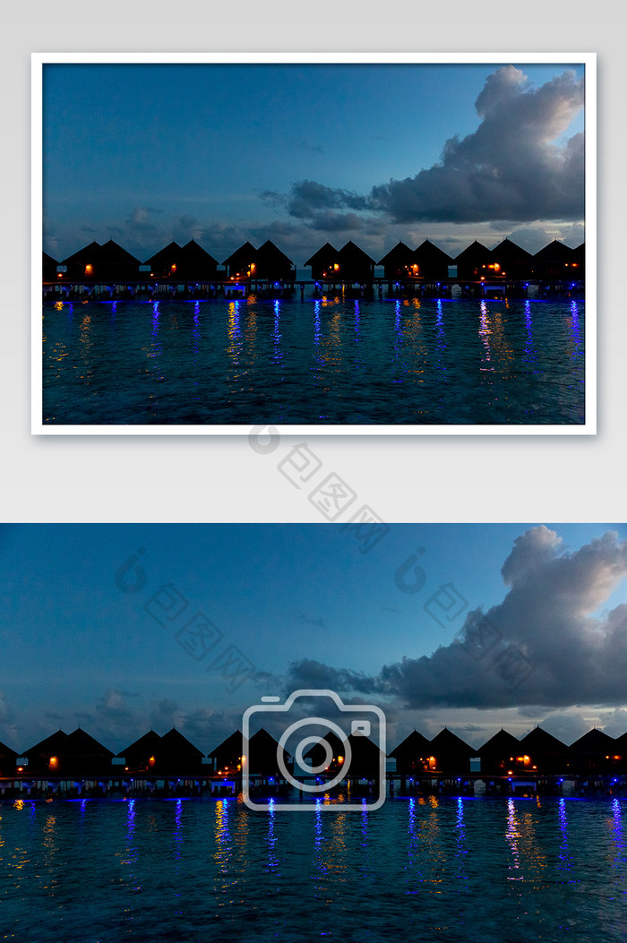 宁静唯美马尔代夫度假酒店水上屋夜晚摄影图