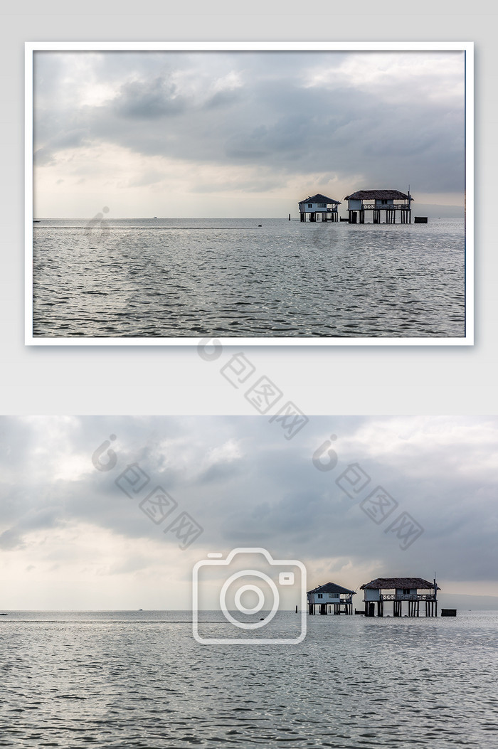 宁静白沙滩海上屋摄影图片图片