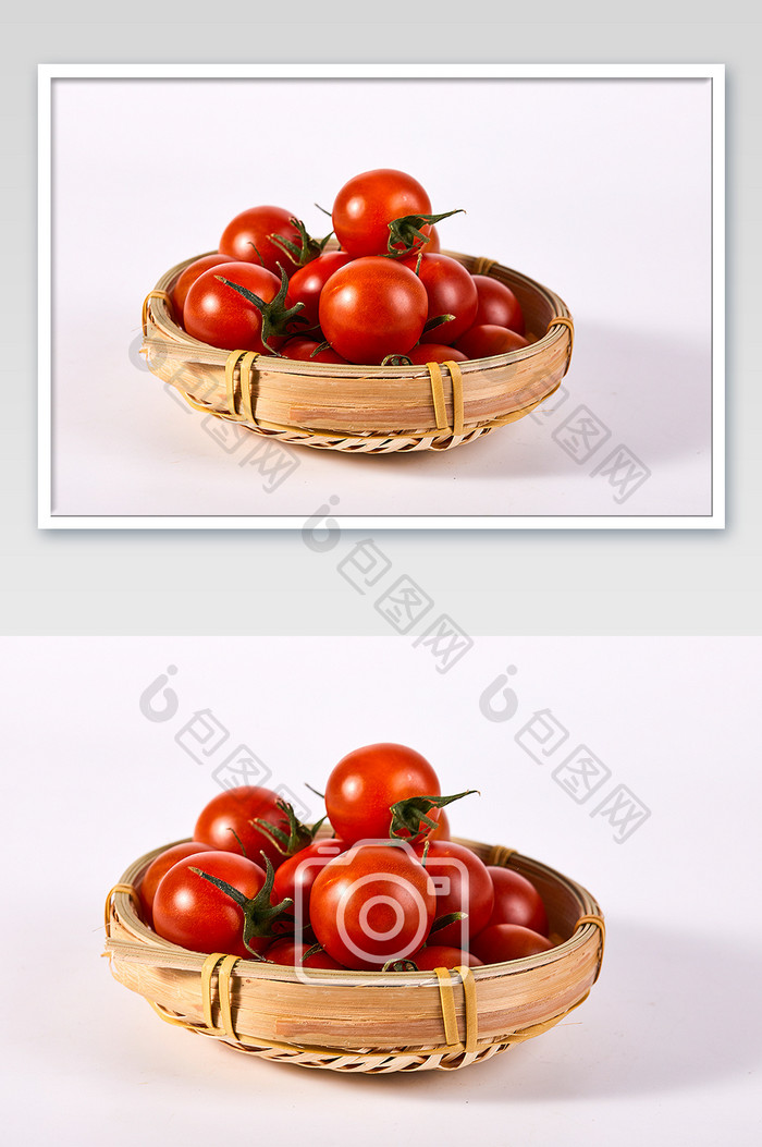 红色小番茄新鲜水果簸箕白底图美食摄影图片