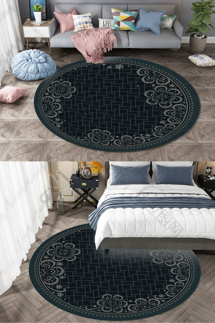 新中式简约风花纹暗绿色圆形地毯图案