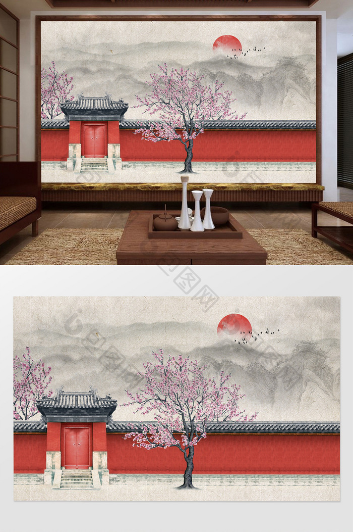 中式古典意境宅门红墙远山写意背景墙
